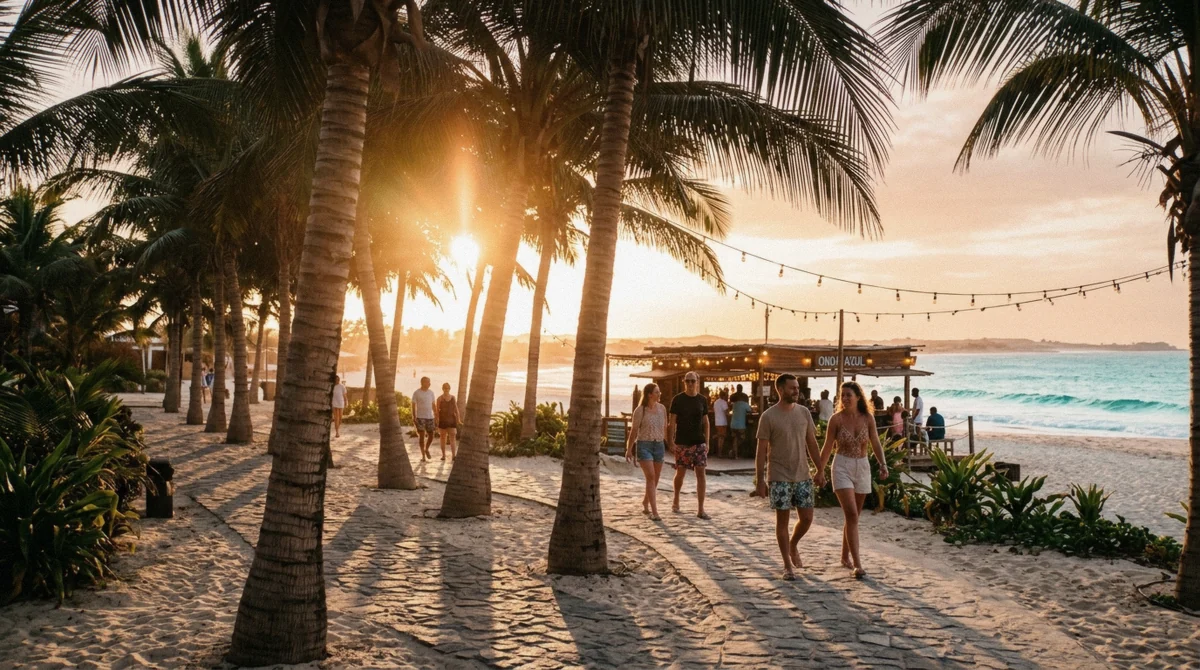 Palm-lined resort walkway at golden hour on Sal, the evening mood at Cape Verde all inclusive resorts